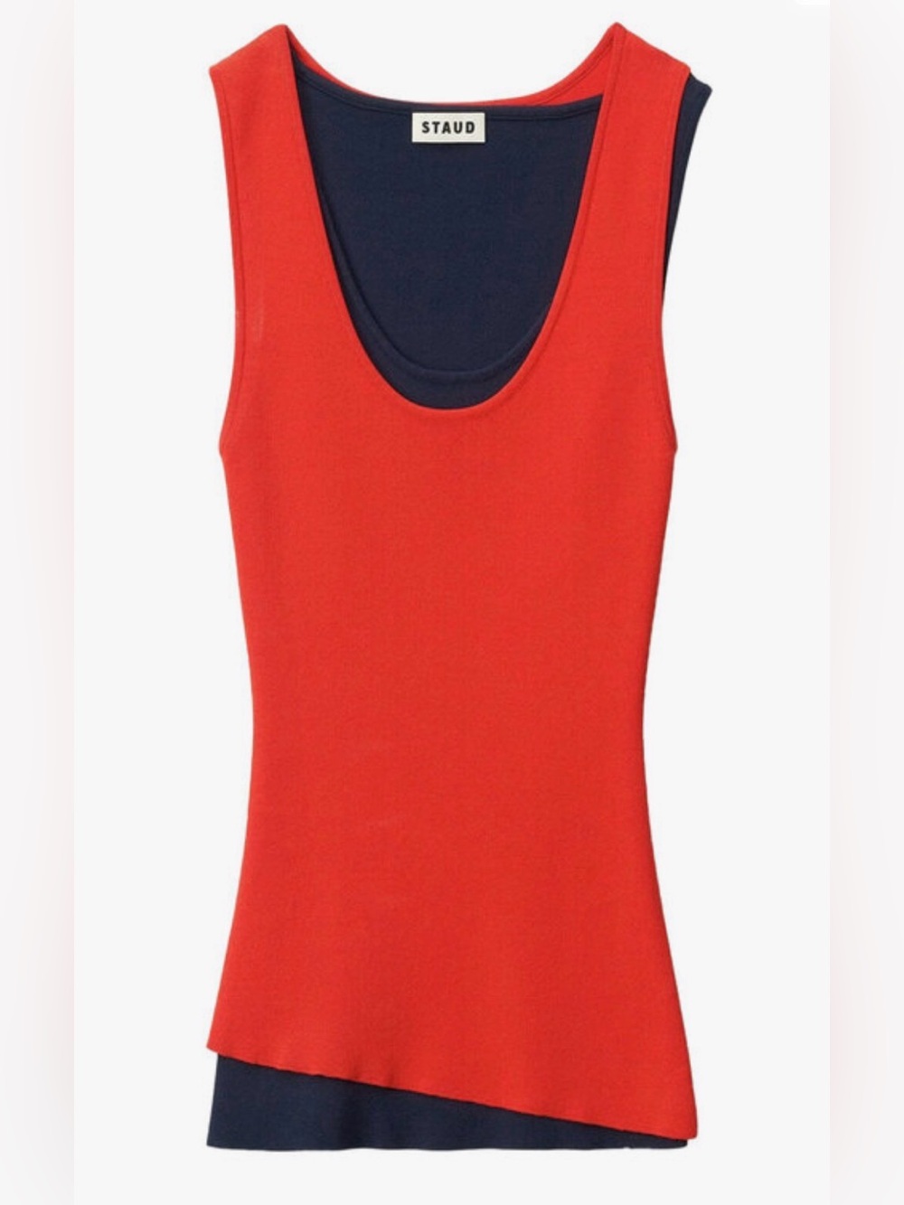 STAUD Hermosa Tank | Asymmetrical Red Scoop-Neck Layered with Navy Inset NWT